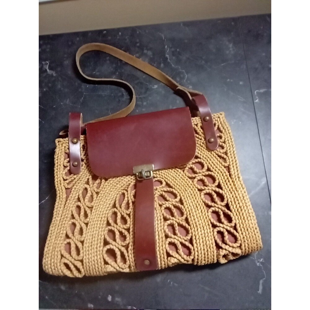 Vintage Jute and Leather 70s Shoulder Handbag Boho Natural Cottagecore